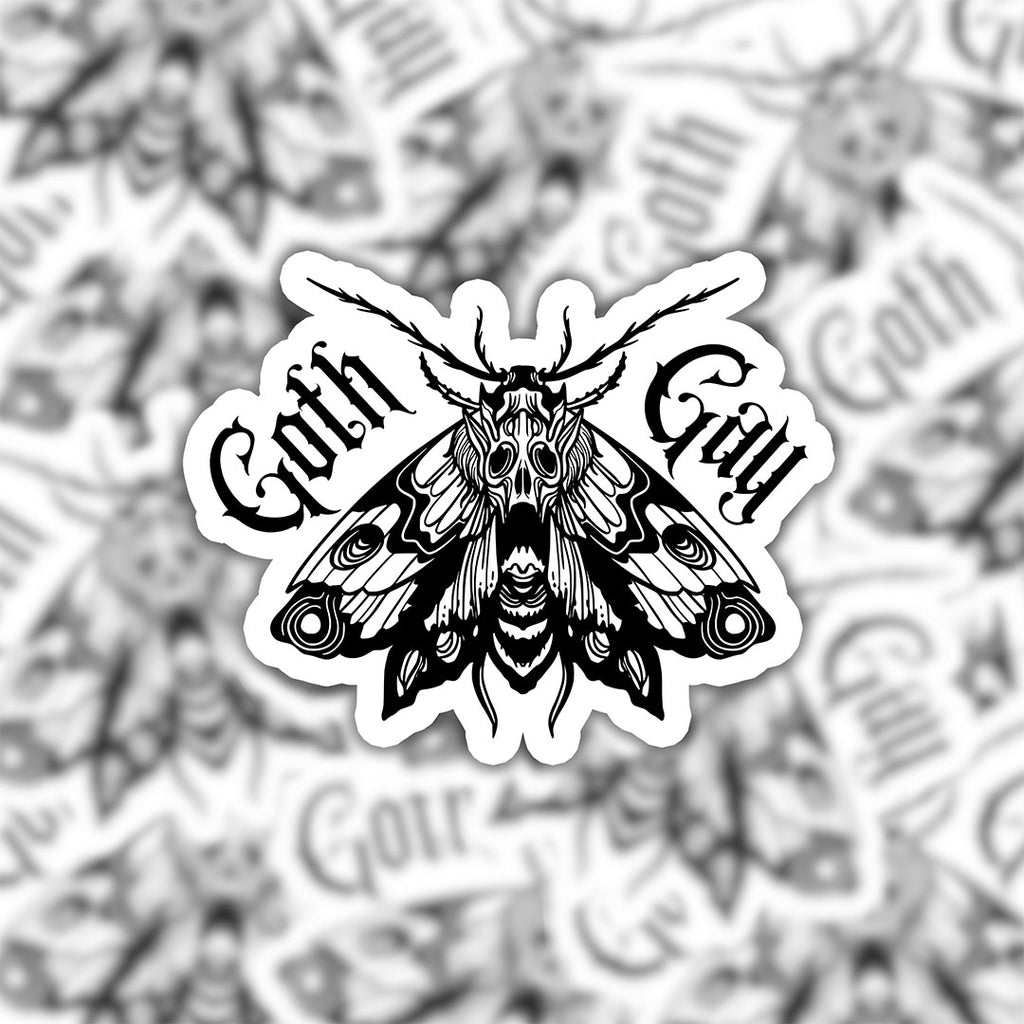 Close-up of Goth Gay sticker showing the detailed gothic moth illustration and blackletter lettering