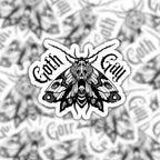 Close-up of Goth Gay sticker showing the detailed gothic moth illustration and blackletter lettering