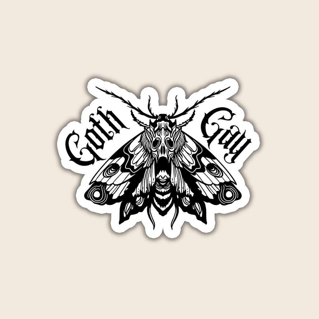 Goth Gay sticker featuring a black and white gothic moth illustration with blackletter text
