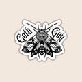 Goth Gay sticker featuring a black and white gothic moth illustration with blackletter text