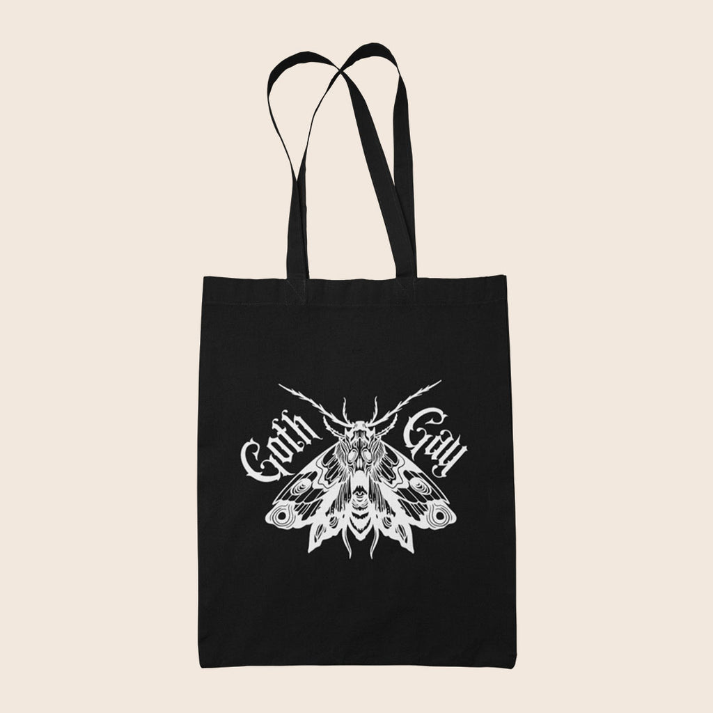 Black Goth Gay tote bag featuring a detailed white gothic moth illustration with blackletter text