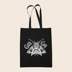 Black Goth Gay tote bag featuring a detailed white gothic moth illustration with blackletter text