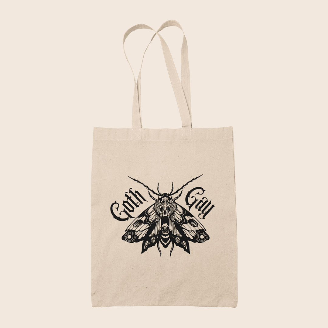 Natural Goth Gay tote bag featuring a detailed black gothic moth illustration with blackletter text