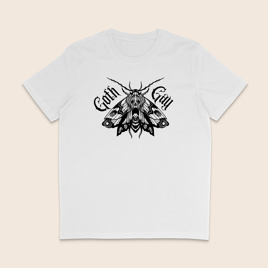 White Goth Gay shirt featuring an intricate black gothic moth illustration with Goth Gay lettering