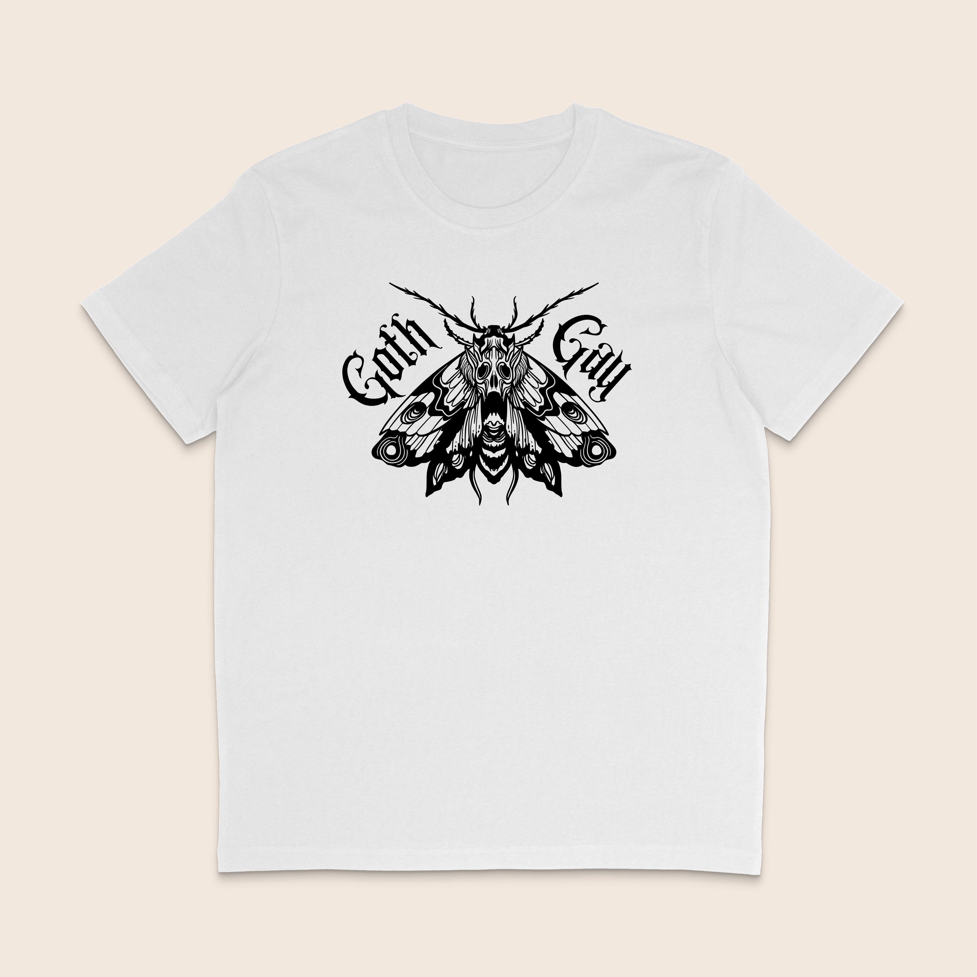 White Goth Gay shirt featuring an intricate black gothic moth illustration with Goth Gay lettering