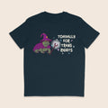 Navy T-shirt featuring a green wizard toad in a purple hat and cape with the words Toadally for Trans Rights.
