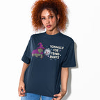 Model wearing a navy Toadally for Trans Rights T-shirt featuring a wizard toad with a purple hat, cape and wand.