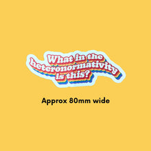 Load image into Gallery viewer, What in the Heteronormativity is this? Sticker Approx 80mm wide