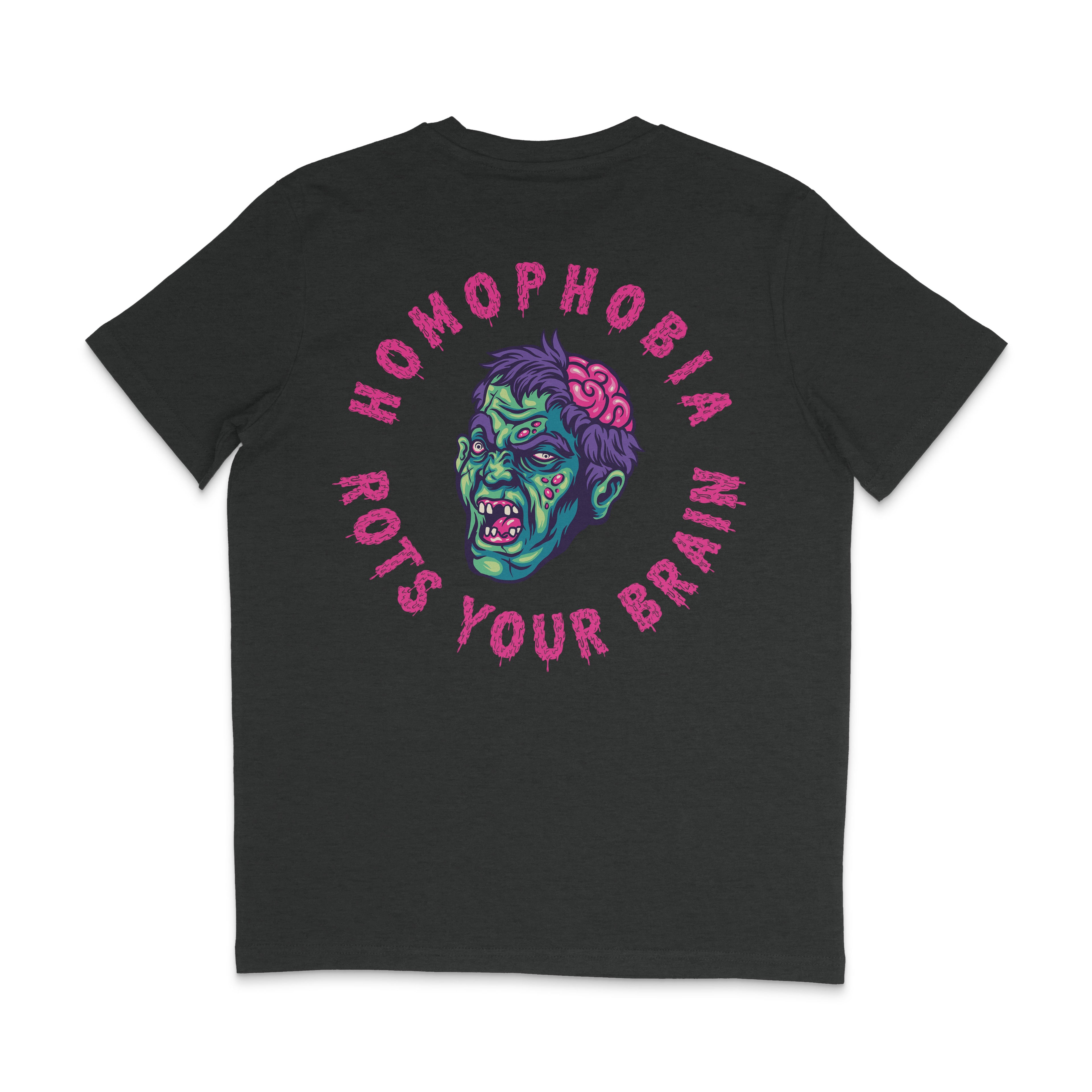 A Dark Heather Grey T-shirt featuring a bold and vibrant design on the back. The graphic shows a green zombie head with purple hair and pink brain exposed, surrounded by the text "HOMOPHOBIA ROTS YOUR BRAIN" in bright pink, dripping font. The zombie face is detailed with grotesque features, emphasizing a horror theme.