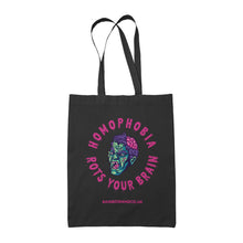 Load image into Gallery viewer, A black tote bag with a colourful graphic of a zombie face and the text &quot;Homophobia Rots Your Brain&quot; in a dripping font, encircling the graphic. The website &quot;RAINBOWANDCO.UK&quot; is displayed at the bottom of the bag.