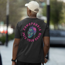 Load image into Gallery viewer, A person wearing a Dark Heather Grey T-shirt with a bold graphic design on the back. The design features a green zombie head with purple hair and an exposed pink brain, surrounded by the text &quot;HOMOPHOBIA ROTS YOUR BRAIN&quot; in bright pink, dripping font. The individual is standing outdoors, facing away from the camera, with a cityscape blurred in the background. They are wearing a light-coloured baseball cap and an earring, adding a casual, stylish vibe to the overall look.