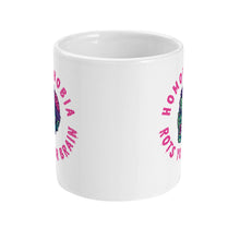 Load image into Gallery viewer, A white ceramic mug featuring a colorful, zombie-like face with pink, exposed brain matter. Surrounding the illustration is bold pink text that reads &quot;HOMOPHOBIA ROTS YOUR BRAIN.&quot;