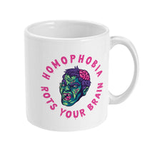 Load image into Gallery viewer, The right side of a white ceramic mug, displaying another angle of the zombie-like face with the pink text &quot;HOMOPHOBIA ROTS YOUR BRAIN&quot; partially visible, wrapping around the image.