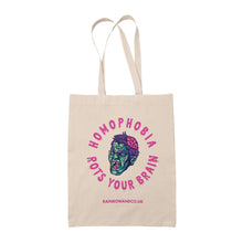 Load image into Gallery viewer, A natural tote bag with a colourful graphic of a zombie face and the text &quot;Homophobia Rots Your Brain&quot; in a dripping font, encircling the graphic. The website &quot;RAINBOWANDCO.UK&quot; is displayed at the bottom of the bag.