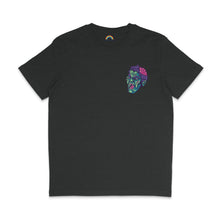 Load image into Gallery viewer, A Dark Heather Grey T-shirt displaying a small graphic on the left chest area. The design shows a green zombie head with purple hair and part of the pink brain exposed, mirroring the style of the larger graphic on the back. This design gives the shirt a cohesive look with a striking yet minimal front detail.