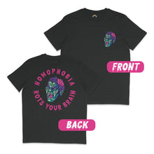 Load image into Gallery viewer, A dark heather grey T-shirt displayed front and back. The front has a small zombie face design on the left chest, while the back features a larger zombie face with exposed brain and text surrounding it that reads &quot;HOMOPHOBIA ROTS YOUR BRAIN&quot; in dripping pink letters. The image includes labels indicating &quot;FRONT&quot; and &quot;BACK&quot; to differentiate the two views.