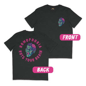 A dark heather grey T-shirt displayed front and back. The front has a small zombie face design on the left chest, while the back features a larger zombie face with exposed brain and text surrounding it that reads "HOMOPHOBIA ROTS YOUR BRAIN" in dripping pink letters. The image includes labels indicating "FRONT" and "BACK" to differentiate the two views.