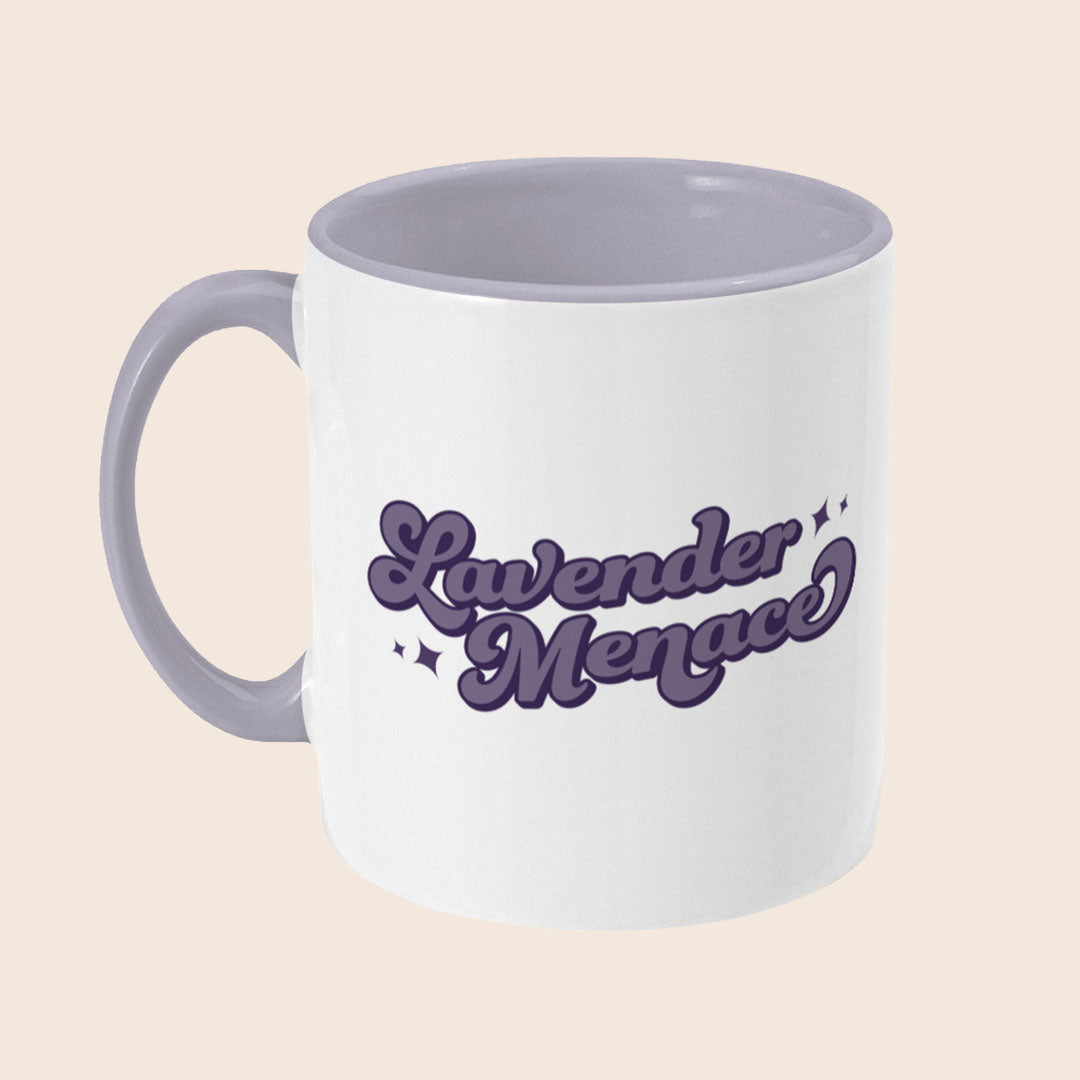 Angled side view of Lavender Menace mug showing coloured handle, interior, and wraparound text design