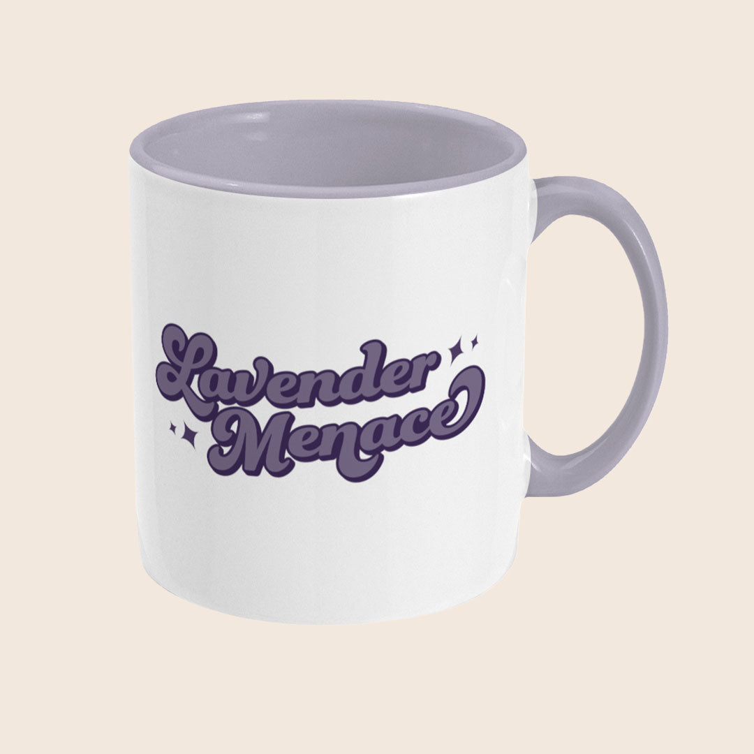Reverse view of Lavender Menace mug highlighting the full Lavender Menace text across the mug