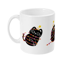 Load image into Gallery viewer, Left view showing the black cat wrapped in lesbian pride coloured festive lights.&quot;