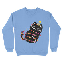 Load image into Gallery viewer, A soft, cornflower blue sweatshirt displaying a cute black cat wrapped in Christmas lights in lesbian pride colours, with a cheerful star on its tail. A subtle nod to pride during the festive season.