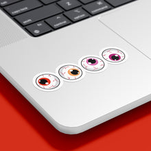 Load image into Gallery viewer, Four circular stickers with eyeball designs are placed on the bottom corner of a silver laptop. The irises are red, orange, pink, and dark pink, representing the lesbian pride flag.