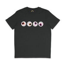 Load image into Gallery viewer, A dark heather grey t-shirt featuring four eyeballs with orange and shades of pink irises, representing the Lesbian pride flag colours. The eyeballs have a creepy, cartoon-like appearance with red veins.