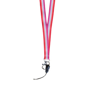 Lanyard in the colours of the lesbian flag with a dog clip attached to the bottom.