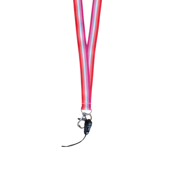 Lanyard in the colours of the lesbian flag with a dog clip attached to the bottom.