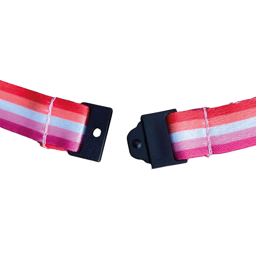 Close up of the safety break on a lanyard in the colours of the lesbian flag.