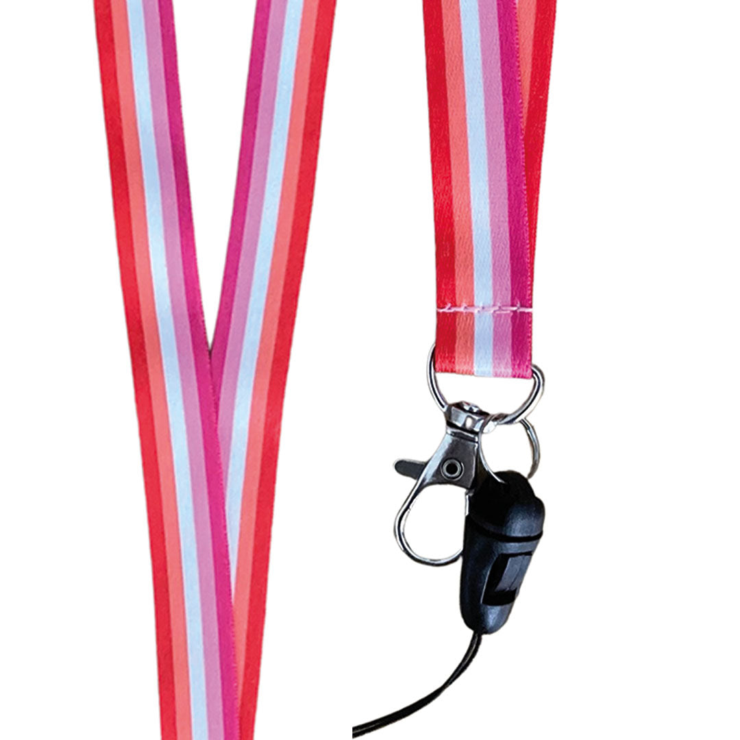 Close up of a lanyard in the colours of the lesbian flag with a dog clip attached to the bottom.
