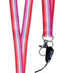 Close up of a lanyard in the colours of the lesbian flag with a dog clip attached to the bottom.