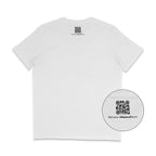 Back of a white t-shirt featuring a small black QR code printed just below the neckline, with the text “Get your #MeAndTshirt” underneath. A circular zoom-in highlights the QR detail.