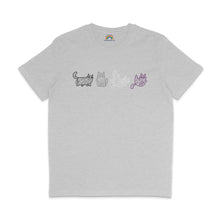 Load image into Gallery viewer, A light grey T-shirt featuring a row of four cartoon mummy cats, each outlined in different shades of grey, white, and purple. The cats have various playful poses, adding a quirky and spooky vibe to the shirt.