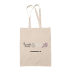 A natural canvas tote bag featuring a line drawing of four mummy cats in varying shades of grey and purple, symbolising the Asexual pride flag. The design includes cute mummy-wrapped cats in different poses.

