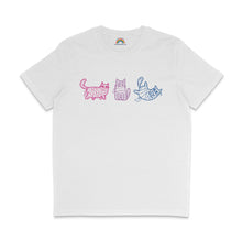 Load image into Gallery viewer, A white T-shirt featuring three mummy cat illustrations representing the bisexual flag colours. The first cat is drawn in pink, the second in purple, and the third in blue. Each cat is wrapped in bandages, showcasing unique poses and expressions.