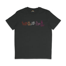 Load image into Gallery viewer, A dark heather grey T-shirt featuring five cartoon mummy cats, each outlined in different colours: red, orange, white, and pink. The cats are in various playful poses, adding a whimsical and spooky theme to the shirt.