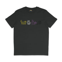 Load image into Gallery viewer, A dark heather grey T-shirt with four cartoon mummy cats, each outlined in bright colours of yellow, white, purple, and black. The cats are depicted in different playful poses, creating a charming and spooky design perfect for Halloween.