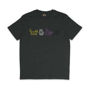 A dark heather grey T-shirt with four cartoon mummy cats, each outlined in bright colours of yellow, white, purple, and black. The cats are depicted in different playful poses, creating a charming and spooky design perfect for Halloween.