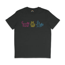 Load image into Gallery viewer, A dark heather grey T-shirt showing three cartoon mummy cats, each outlined in colours of pink, yellow, and blue. The cats are illustrated in different quirky poses, giving the shirt a playful and spooky Halloween feel.