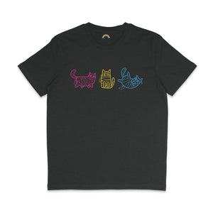 A dark heather grey T-shirt showing three cartoon mummy cats, each outlined in colours of pink, yellow, and blue. The cats are illustrated in different quirky poses, giving the shirt a playful and spooky Halloween feel.