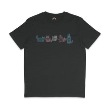 Load image into Gallery viewer, A dark heather grey T-shirt with a lineup of six cartoon mummy cats, each outlined in different pastel colours of blue, pink, and white. The cats are shown in different playful poses, perfect for celebrating both Halloween and transgender pride.