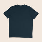 Back view of plain navy T-shirt showing no print on the back.