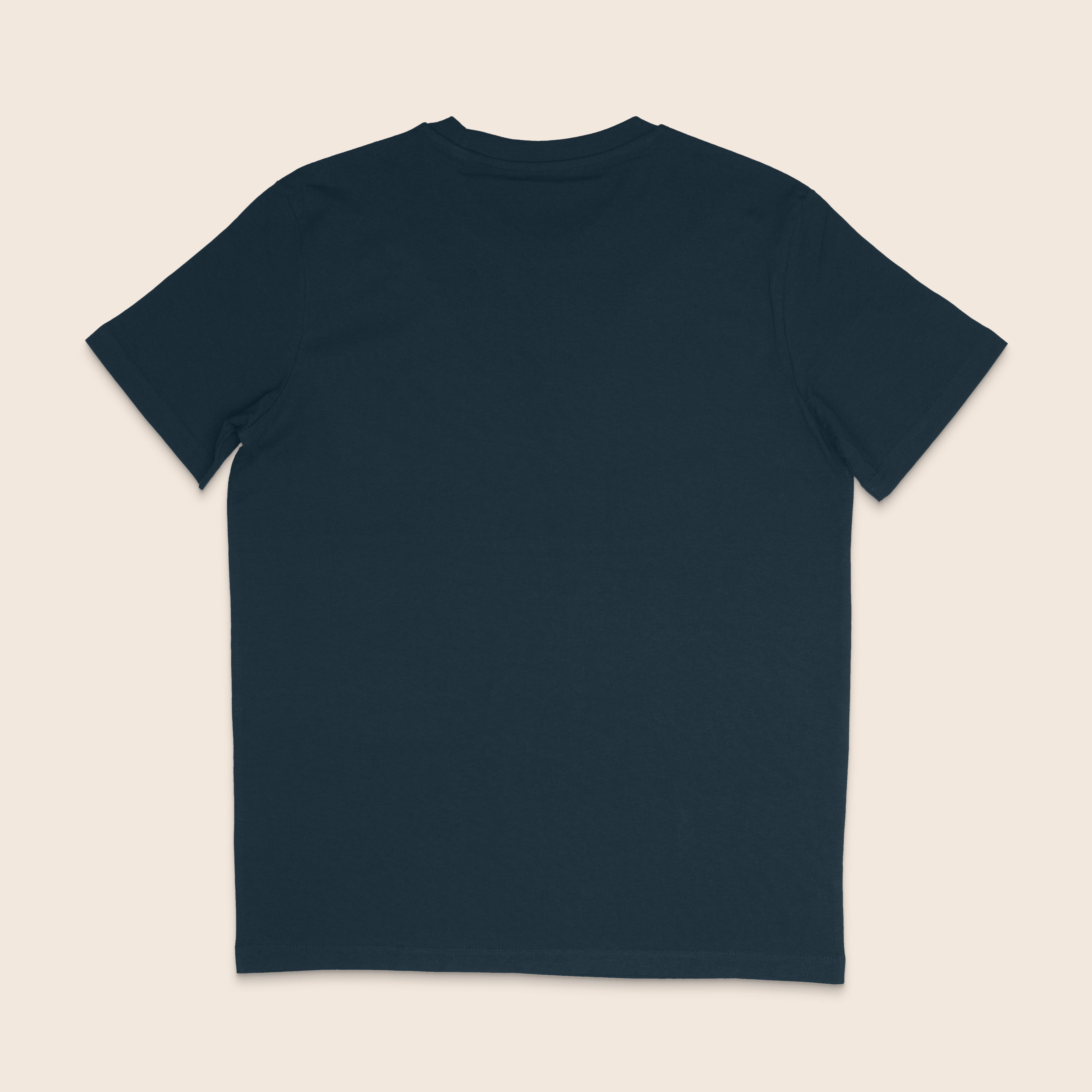Back view of plain navy T-shirt showing no print on the back.