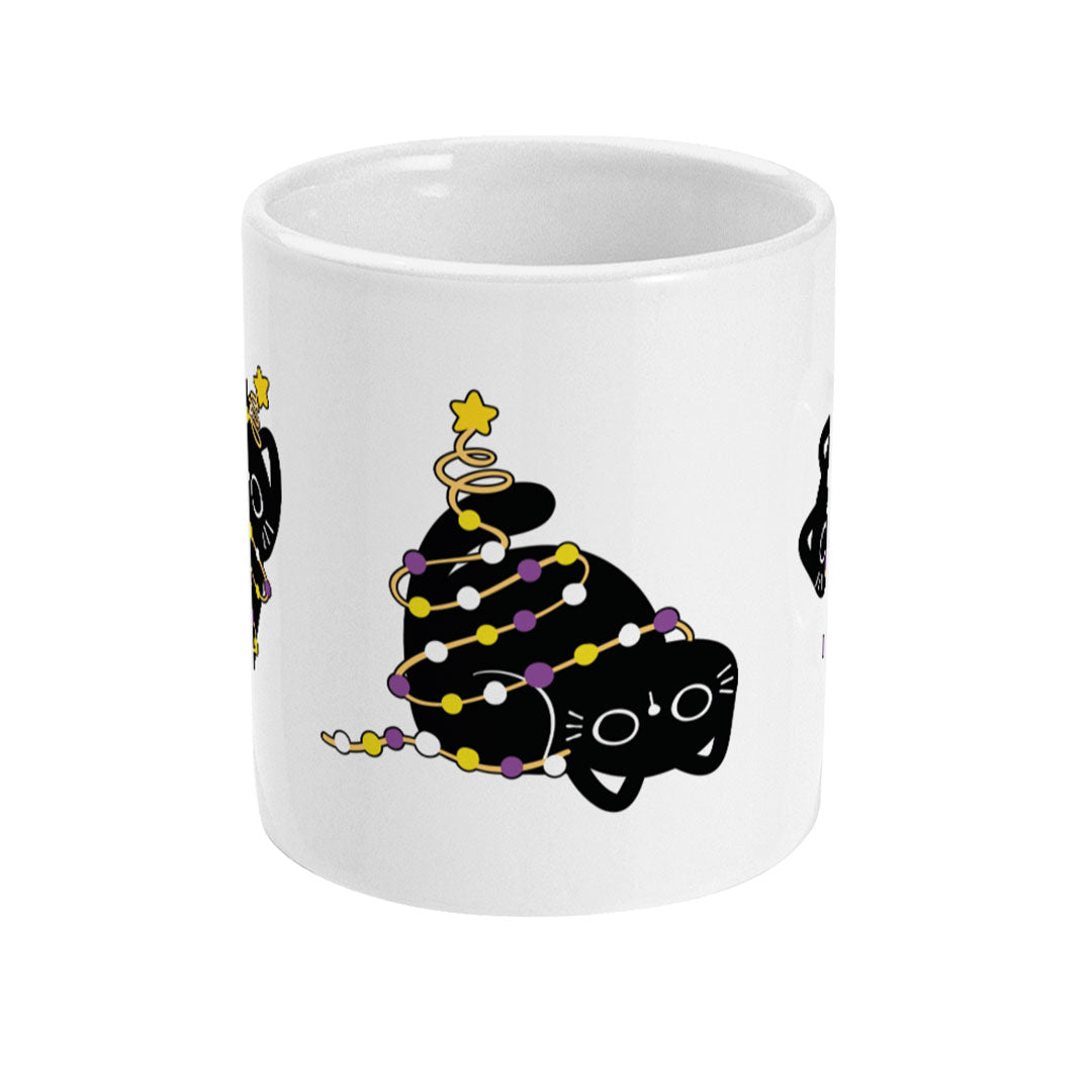  A white mug featuring a playful black cat wrapped in festive lights in the colours of the non-binary pride flag—yellow, white, purple, and black—with a star atop its tail.