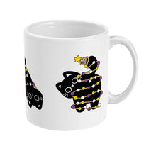 Load image into Gallery viewer, The right side of the mug, showcasing the black cat decorated with yellow, white, purple, and black lights, proudly holding its tail topped with a holiday star.