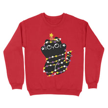 Load image into Gallery viewer, A fire red sweatshirt displaying a black cat tangled in lights reflecting the non-binary flag—yellow, white, purple, and black. The cat has a festive star on its tail.