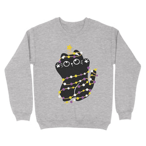 A heather grey sweatshirt featuring a black cat wrapped in string lights in the non-binary flag colours—yellow, white, purple, and black. The cat wears a star on its tail, giving a festive look.