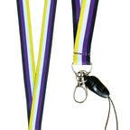 Close up of a lanyard in the colours of the non binary flag with a dog clip attached to the bottom.