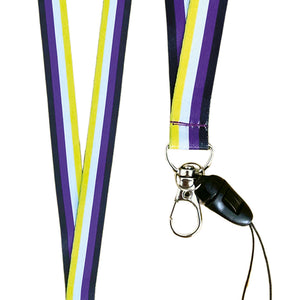 Close up of a lanyard in the colours of the non binary flag with a dog clip attached to the bottom.